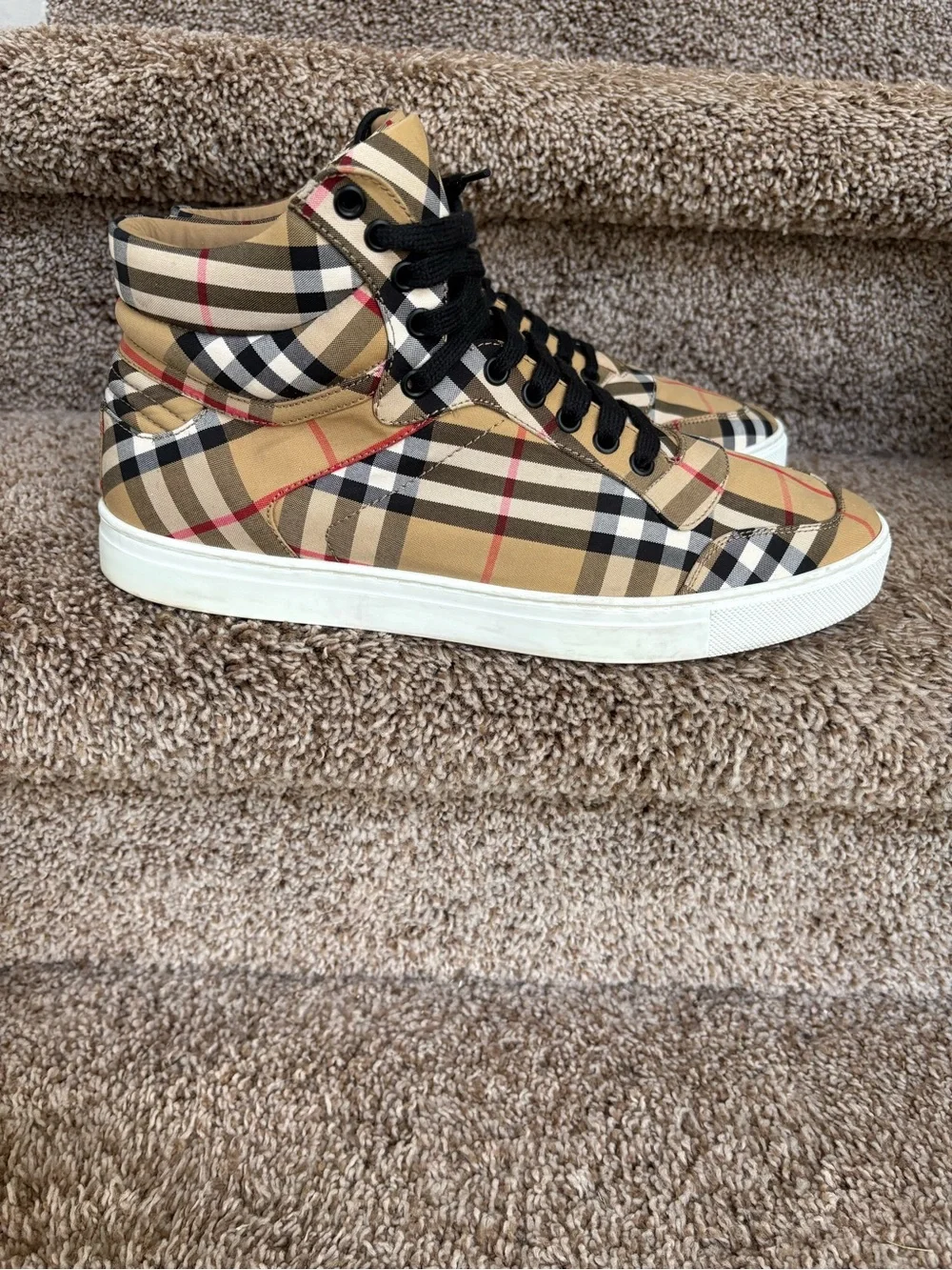 Burberry Men’s High-Top Nova Check Sneakers in Tan, Black, Red
